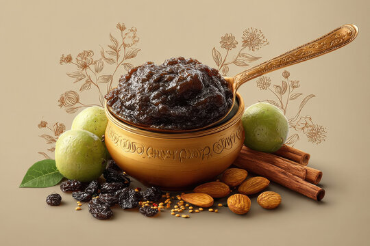 a focused image showcasing a spoon filled with chyawanprash placed in the center and surrounded by ayurvedic ingredients