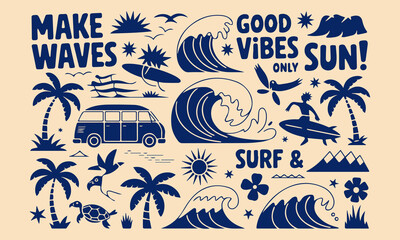 A tropical beach and surf-themed vector illustration set created in a bold and vibrant graphic style. This collection is packed with summery, ocean-inspired elements, perfect for fun and eye-catching 