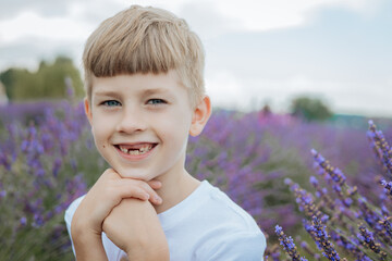 Portrait of a blond boy in a white shirt sitting and posing in a lavender field. Peaceful rural summer scene.