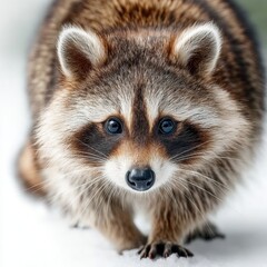 Fototapeta premium Cute Raccoon Close-Up Portrait in Winter Snow