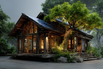 Rustic modern house with lush greenery and lighting