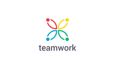 Teamwork logo with colorful abstract people figure vector design