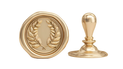 Golden Seal with Laurel Wreath Design and Matching Stamp: A Detailed 3D Rendering on a Transparent Background