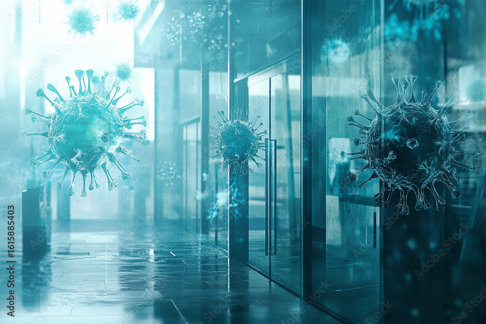 Poster virus particles floating in an empty office building hallway