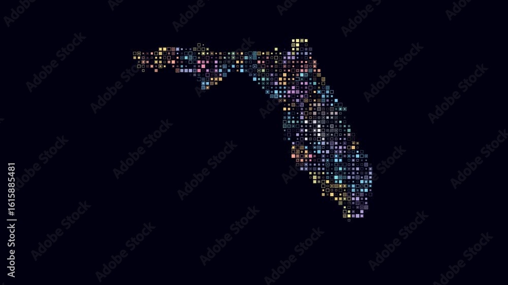 Poster florida dotted animation. shape of the state build of pulsating colored dots. small size square bloc
