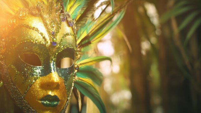 A golden and green Venetian style masquerade mask with sparkles and feathers,