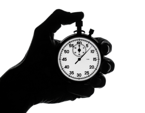 Hand Holding a Stopwatch with Clear Time Display Against Black Background