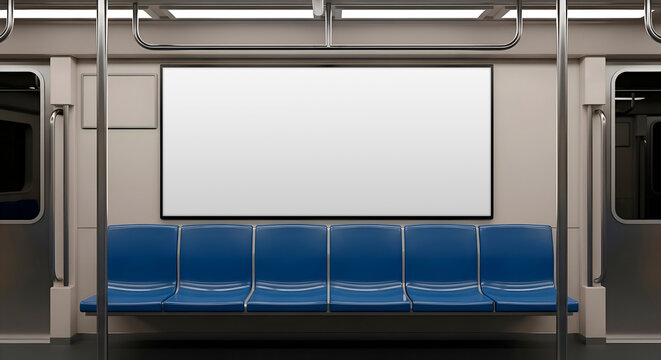 Empty Modern Subway Car Interior with Blank Advertisement Display