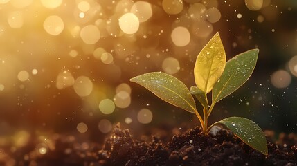 Small green plant atop a brown, fibrous ball