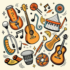 A seamless pattern of diverse musical instruments, including guitars and pianos, sketched in a vintage doodle art style