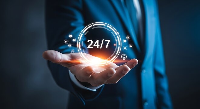 A hand displays a 247 service and support icon
