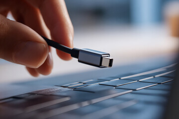 Hand connects USB-C cable to laptop. Symbolizes connection, technology, data transfer. Use for tech blogs, design, web, marketing, editorial.