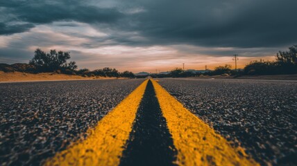 Fototapeta premium A straight desert road with yellow lane markers stretches to the horizon,