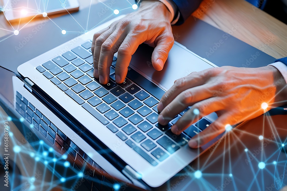 Poster close up of a person s hands typing on a laptop keyboard with a futuristic glowing network of digita