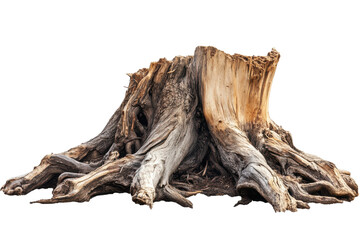 Old tree stump with exposed roots isolated on transparent background. Old texture tree stump with sprawling roots isolated on white background.
