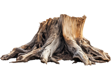 Old tree stump with exposed roots isolated on transparent background. Old texture tree stump with sprawling roots isolated on white background.