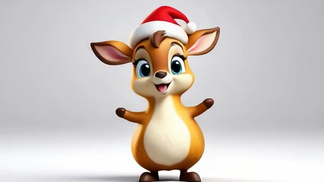 Cheerful cartoon reindeer in red Santa riding hood. Deer has big blue eyes and friendly smile, he dances with his hands raised on white background. Theme of Christmas. Cute and attractive design.