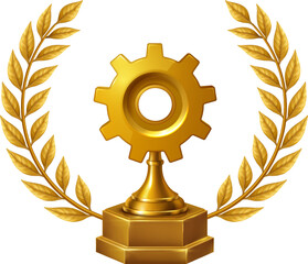 Golden gear trophy with laurel wreath, symbol of innovation, industry achievement, and technical excellence.