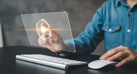 Person interacting with a futuristic holographic display