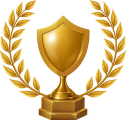 Golden shield trophy with laurel wreath, representing defense, protection, strength, and honorable recognition. 