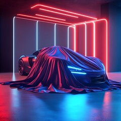 rendering of a car in a studio with neon lights.
