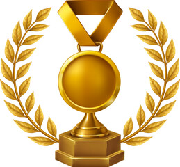 Golden medal trophy with laurel wreath, perfect for champion awards, best performance, and sports achievement.