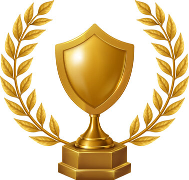 Golden shield trophy with laurel wreath, representing defense, protection, strength, and honorable recognition. 