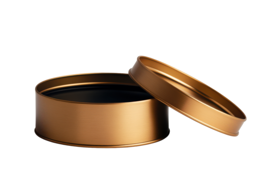 Antique brass tin box with lid isolated on transparent background. Open tin can isolated on white background.