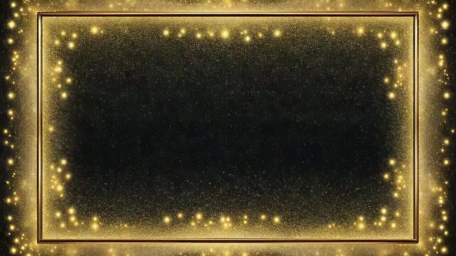 Decorative gold frame with sparkling lights on dark background. Golden shine shimmering. Ornate frame gives any design luxurious touch. Suitable for congratulations, events, sales.