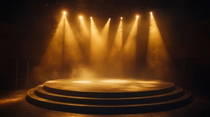 Empty stage with spotlights and fog, ideal for presentations or performances.