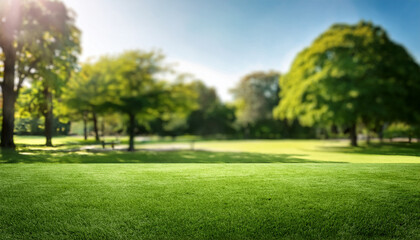 blurred park view with trees and green grass