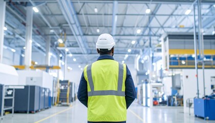 Factory workers wearing safety vests inspect the manufacturing plant to ensure efficient industrial processes
