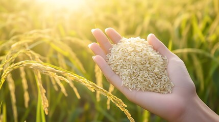 Rice in hand, rice grains in hand, rice field background