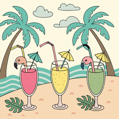 Vector of colorful tropical drinks and flamingo float toy. Bright and modern, perfect for summer party promotions.