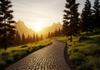 Golden Sunrise Illuminating a Winding Cobblestone Road Through a Scenic Mountain Landscape with Pine Forests