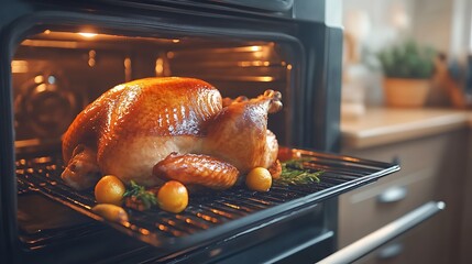 Roast chicken in oven, closeup. Roast chicken in oven