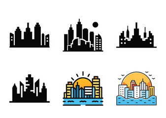 Fototapeta premium Six modern city skyline vectors, in black silhouette and color illustration