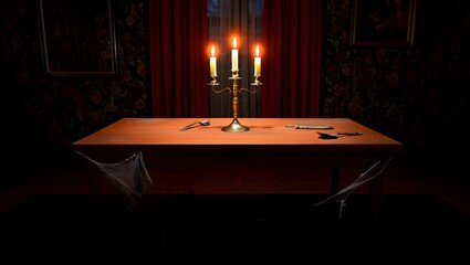 Haunted Dining Room with Floating Candelabra Over Abandoned Table