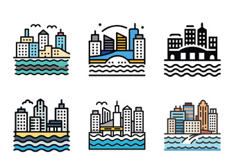 Fototapeta premium Various Cityscape Illustrations Featuring Buildings, Water, and Urban Design Elements