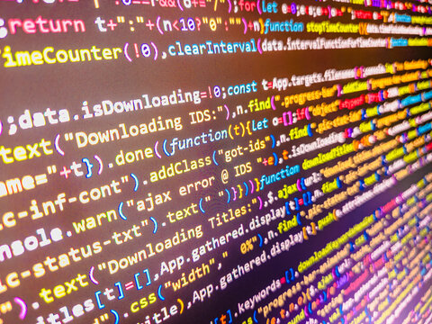 Program development concept. Binary computer code background, abstract. Software background technology. Web design business working time. Abstract program code screenshot - Powered by Adobe