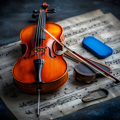 Fototapeta premium A cello, bow, and rosin rest on sheet music.