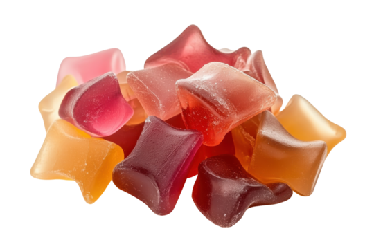 Pile of colorful star shaped gummy candies isolated on transparent background. Pile of assorted jelly candies isolated on white background.