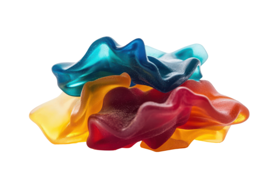 Colorful abstract gummy candy shapes isolated on transparent background. Pile of assorted jelly candies isolated on white background.