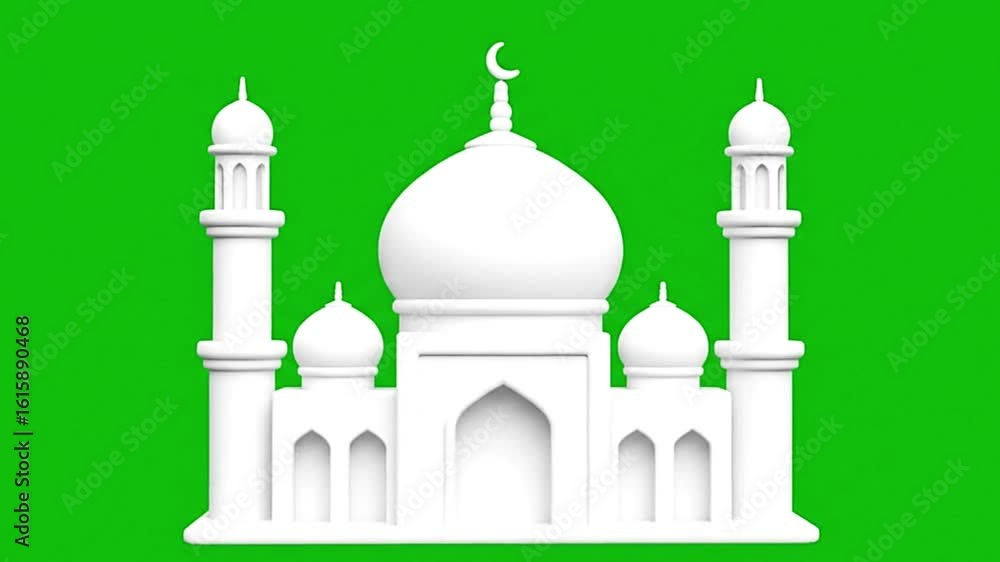 Poster A white mosque rendering with two minarets stands against a green background displaying Islamic architectural features