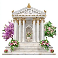 Elegant Marble Temple with Columns, Floral Decorations, and Blooming Trees on White