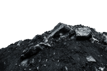 Close up of a dark metallic mineral rock formation isolated on transparent background. Pile of black coal showing its texture and richness isolated on white background.