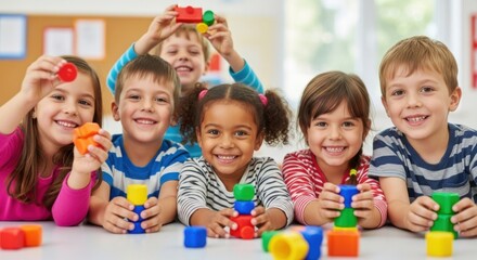 Diverse group of happy children playing together with colorful building blocks