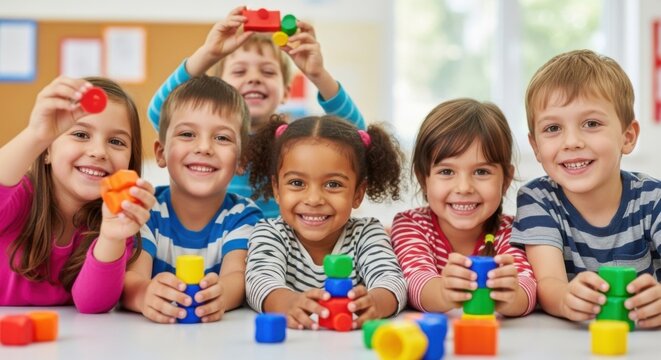 Diverse group of happy children playing together with colorful building blocks