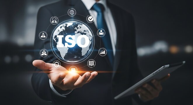 Businessman holding a globe with iso certification icons