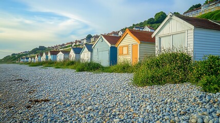 Row of beach huts on the beach in Dorset, UK